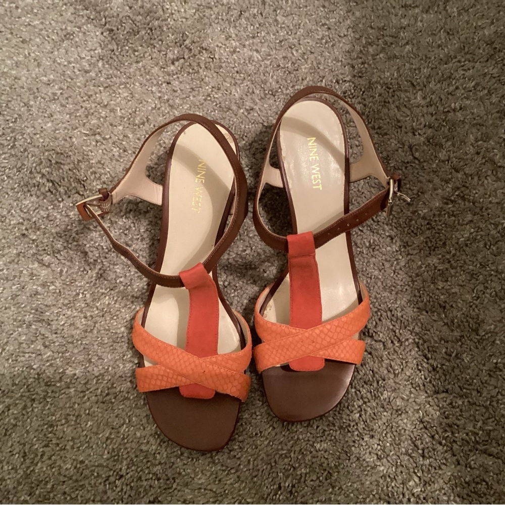 Nine West Brown and Orange Sandals with Ankle Straps